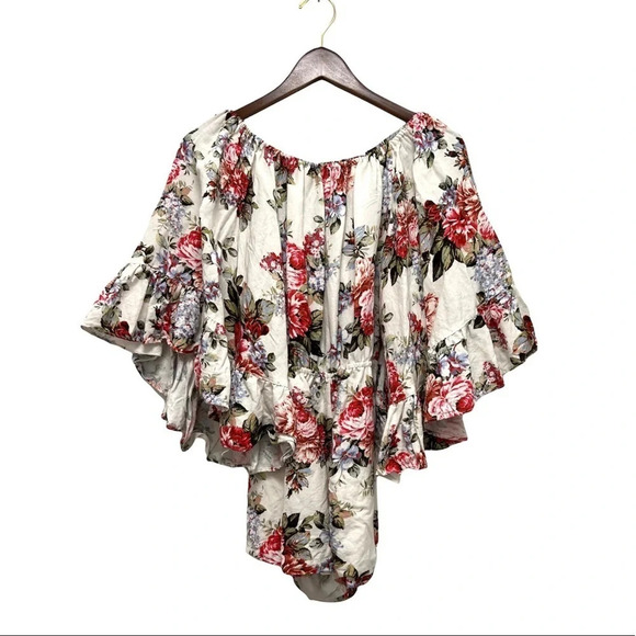 LPA Anthropologie Linen Off Shoulder Romper Floral Summer Rose Bouquet Size XS - Picture 4 of 11